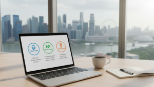 A sleek and modern digital workspace showcasing a shortlist of digital banks tailored for Singapore businesses. In the foreground, display a stylish laptop open with a well-organized digital checklist of bank logos and highlights. To the side, include a sophisticated coffee cup and a notepad with thoughtful notes. The middle ground features a contemporary office setting with a large window revealing a vibrant cityscape of Singapore, under soft, natural daylight. In the background, the skyline includes iconic Singapore landmarks, subtly blurred to maintain focus on the shortlist. The mood is professional and inspiring, evoking a sense of innovation and trust in digital banking. The overall composition is photorealistic, with a clean, polished look.