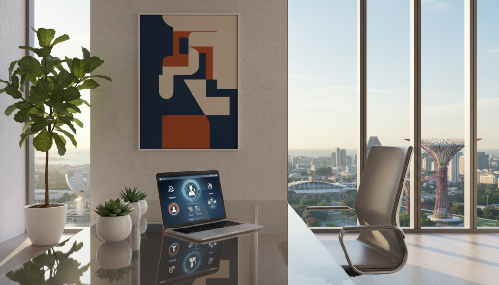 A sleek and modern virtual office environment, featuring a shiny glass desk and ergonomic chair in the foreground. On the desk, a laptop is open, displaying a realistic interface of a virtual office management software. In the middle ground, there are potted plants and a framed abstract art piece on the wall, enhancing the professional ambiance. The background showcases a panoramic view of Singapore's skyline through large windows, with sunlight streaming in, casting soft shadows and creating a warm, inviting atmosphere. Use natural lighting to emphasize the rich colors of the office decor, capturing the essence of a high-tech, efficient workspace ideal for remote business operations. The overall mood is professional yet comfortable, suitable for modern entrepreneurs.