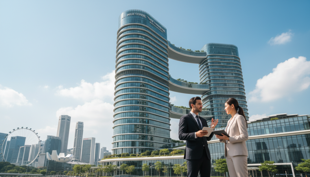 A sleek, modern office building in Singapore, showcasing a prestigious business address. In the foreground, a well-dressed professional man and woman, both in business attire, stand confidently discussing plans. The middle ground features the contemporary architecture of the building, with glass facades reflecting the vibrant city skyline. In the background, iconic Singaporean landmarks like the Marina Bay Sands can be seen under a clear blue sky. Soft, natural lighting illuminates the scene, creating a welcoming and dynamic atmosphere. The angle is slightly upward, highlighting the grandeur of the building while keeping the focus on the professionals. The image is photorealistic, capturing the essence of an upscale virtual office environment ideal for business. A sleek, modern office building in Singapore, showcasing a prestigious business address. In the foreground, a well-dressed professional man and woman, both in business attire, stand confidently discussing plans. The middle ground features the contemporary architecture of the building, with glass facades reflecting the vibrant city skyline. In the background, iconic Singaporean landmarks like the Marina Bay Sands can be seen under a clear blue sky. Soft, natural lighting illuminates the scene, creating a welcoming and dynamic atmosphere. The angle is slightly upward, highlighting the grandeur of the building while keeping the focus on the professionals. The image is photorealistic, capturing the essence of an upscale virtual office environment ideal for business.