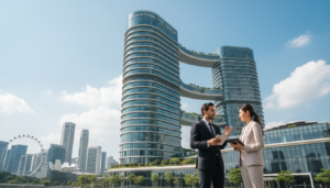 A sleek, modern office building in Singapore, showcasing a prestigious business address. In the foreground, a well-dressed professional man and woman, both in business attire, stand confidently discussing plans. The middle ground features the contemporary architecture of the building, with glass facades reflecting the vibrant city skyline. In the background, iconic Singaporean landmarks like the Marina Bay Sands can be seen under a clear blue sky. Soft, natural lighting illuminates the scene, creating a welcoming and dynamic atmosphere. The angle is slightly upward, highlighting the grandeur of the building while keeping the focus on the professionals. The image is photorealistic, capturing the essence of an upscale virtual office environment ideal for business.