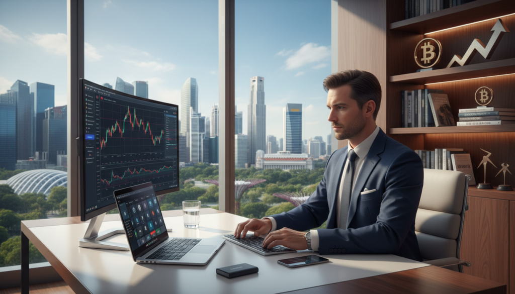A sleek, modern office environment showcasing a crypto business account setup. In the foreground, a professional businessman in formal attire is seated at a stylish desk, reviewing digital financial graphs on a high-tech laptop. Beside him, a smartphone displays various cryptocurrency apps. The middle ground features large windows with a view of Singapore’s skyline, filled with iconic skyscrapers and greenery. In the background, shelves lined with cryptocurrency books and awards create a sense of accomplishment. The lighting is bright and inviting, with natural sunlight illuminating the room. The overall mood is sophisticated, reflecting innovation and professionalism in the crypto banking sector. Photorealistic details highlight the textures of the office materials and the clarity of the digital displays.