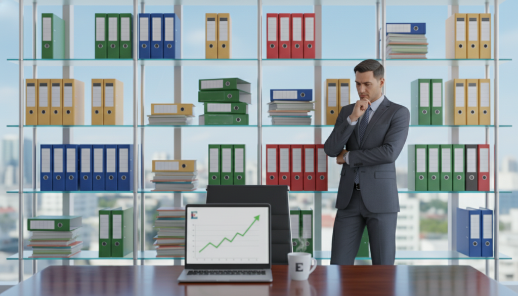 A sleek, modern office environment showcasing a variety of stacked shelf companies, represented as clear glass shelves filled with diverse business files, folders, and colorful documents symbolizing corporate structure. In the foreground, a polished wooden desk holds a laptop displaying a financial growth graph, with a cup of coffee nearby. In the middle ground, a professional businessperson in a tailored suit reviews documents, appearing thoughtful and engaged. The background features a large window with bright, natural light streaming in, illuminating the space and creating a positive, vibrant atmosphere. The scene is captured with a shallow depth of field, emphasizing the subject and evoking a sense of professionalism and opportunity. A sleek, modern office environment showcasing a variety of stacked shelf companies, represented as clear glass shelves filled with diverse business files, folders, and colorful documents symbolizing corporate structure. In the foreground, a polished wooden desk holds a laptop displaying a financial growth graph, with a cup of coffee nearby. In the middle ground, a professional businessperson in a tailored suit reviews documents, appearing thoughtful and engaged. The background features a large window with bright, natural light streaming in, illuminating the space and creating a positive, vibrant atmosphere. The scene is captured with a shallow depth of field, emphasizing the subject and evoking a sense of professionalism and opportunity.