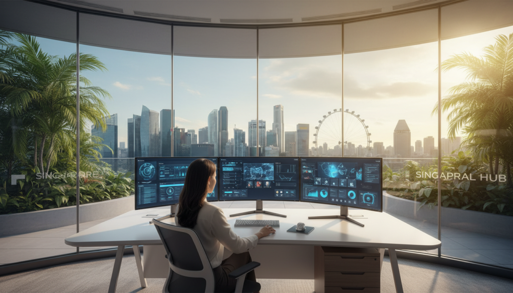 A sleek, modern virtual office space in Singapore, showcasing a blend of high-tech elements and a tranquil atmosphere. In the foreground, a professional woman in business attire works at a stylish desk with multiple screens displaying virtual communication tools. The middle layer features a panoramic view of the iconic Singapore skyline visible through large glass windows, promoting a sense of connectivity and opportunity. Soft, natural light floods the room, creating a warm, inviting atmosphere. The background includes greenery visible outside, harmonizing nature with urban life. The image should evoke feelings of presence, professionalism, and efficiency, emphasizing the strength and connectivity of Singapore's virtual office environment. Photorealistic detail, with a focus on vibrant colors and sharp contrasts, should enhance the overall composition. A sleek, modern virtual office space in Singapore, showcasing a blend of high-tech elements and a tranquil atmosphere. In the foreground, a professional woman in business attire works at a stylish desk with multiple screens displaying virtual communication tools. The middle layer features a panoramic view of the iconic Singapore skyline visible through large glass windows, promoting a sense of connectivity and opportunity. Soft, natural light floods the room, creating a warm, inviting atmosphere. The background includes greenery visible outside, harmonizing nature with urban life. The image should evoke feelings of presence, professionalism, and efficiency, emphasizing the strength and connectivity of Singapore's virtual office environment. Photorealistic detail, with a focus on vibrant colors and sharp contrasts, should enhance the overall composition.