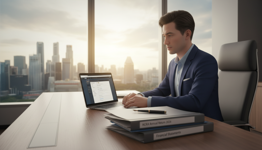 A sleek office workspace with a modern desk and an open laptop displaying the ACRA BizFile portal. In the foreground are neatly organized files and a pen, hinting at annual return documents ready for submission. The middle layer reveals a professional in business attire, focused on the screen, capturing a moment of diligence in managing company compliance. In the background, a large window showcases a city skyline, indicating a vibrant Singaporean environment with soft, natural lighting illuminating the scene. The atmosphere is serious yet productive, conveying a sense of responsibility in corporate governance and adherence to regulations. The image is photorealistic with a warm and inviting color palette.