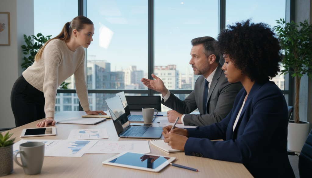 A small group of three professionals engaged in a discussion around a conference table, exuding collaboration and focus. The foreground features a diverse woman in a smart blazer, taking notes on a notepad, while a middle-aged man in a business suit gestures thoughtfully. A young woman in smart casual attire leans forward, listening intently. In the middle ground, documents and digital devices are spread across the table, emphasizing their brainstorming session. The background shows a modern office environment with large windows allowing natural light to cascade in, creating a warm and inviting atmosphere. Soft shadows highlight the expressions of the individuals, capturing the serious yet cooperative mood of the meeting.