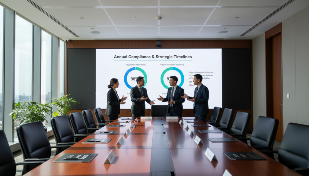A spacious conference room set up for an annual general meeting. In the foreground, a polished wooden boardroom table is surrounded by chairs, with nameplates neatly arranged for attendees. In the middle, five professionals in smart business attire are engaged in discussion, looking focused and collaborative. A large screen in the background displays a presentation slide with graphs, emphasizing the importance of compliance and timelines. Natural light filters through large windows, casting soft shadows across the room, enhancing the professional atmosphere. The overall mood is serious yet optimistic, reflecting the commitment to corporate governance and transparency. The scene captures a moment of teamwork and strategic planning in a modern corporate setting.