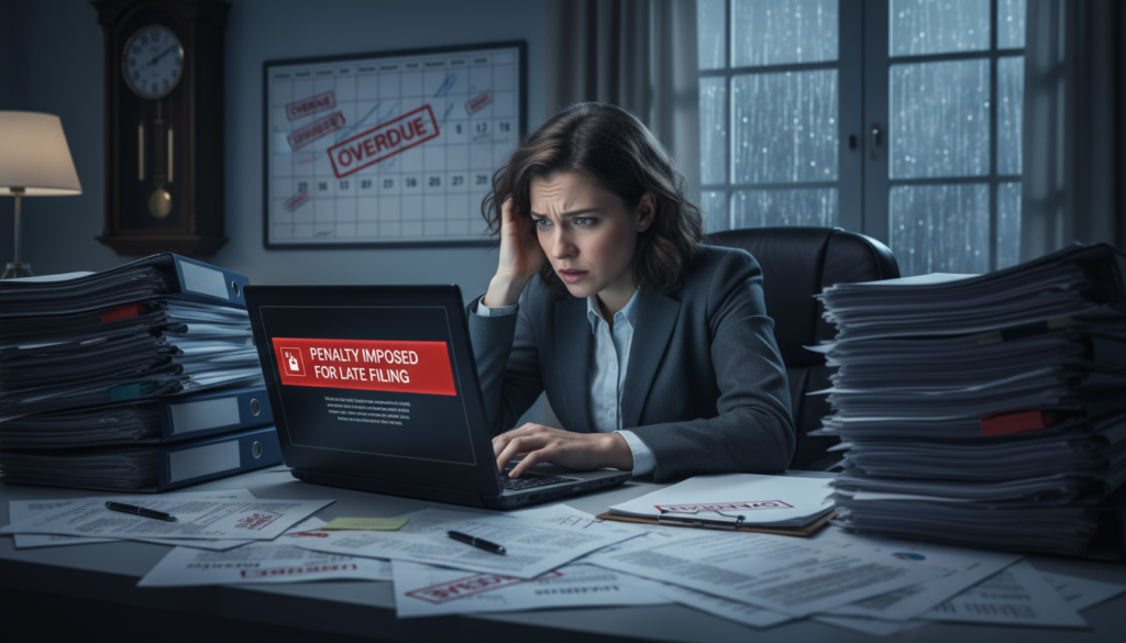 A stressed businessperson sitting at a cluttered desk, surrounded by paperwork and a calendar highlighting overdue dates, conveying the concept of "late filing." The foreground features a close-up of scattered documents, some marked with red ink for urgency. In the middle, the businessperson, dressed in a professional suit, looks worried while glancing at a laptop that displays an intimidating notification about penalties. The background shows a dimly lit office with an antique clock on the wall highlighting the passage of time and a window revealing a rainy day, adding to the mood of pressure and urgency. Soft, dramatic lighting emphasizes the chaos and seriousness of the situation, with a slight focus blur to bring attention to the subject in the foreground.