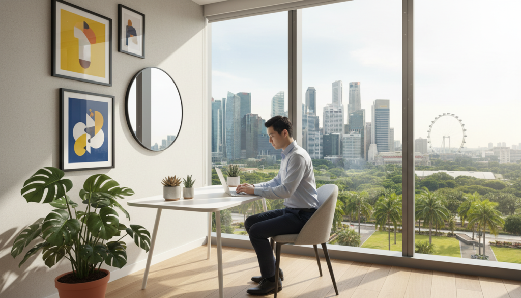 A stylish modern home office scene depicting remote working in a bright, open space. In the foreground, a young professional in smart casual attire sits at a sleek desk, focused on a laptop. Surrounding them are vibrant indoor plants and colorful artwork that convey a creative atmosphere. In the middle ground, a window reveals a bustling Singapore skyline, capturing a blend of contemporary architecture and greenery that represents the city's innovation. The background features soft, natural lighting pouring in, creating a warm and inviting mood, highlighting the importance of comfort and productivity in remote work. The angle should be slightly elevated, giving a comprehensive view of the workspace. The scene should be photorealistic and convey a sense of professionalism and tranquility.
