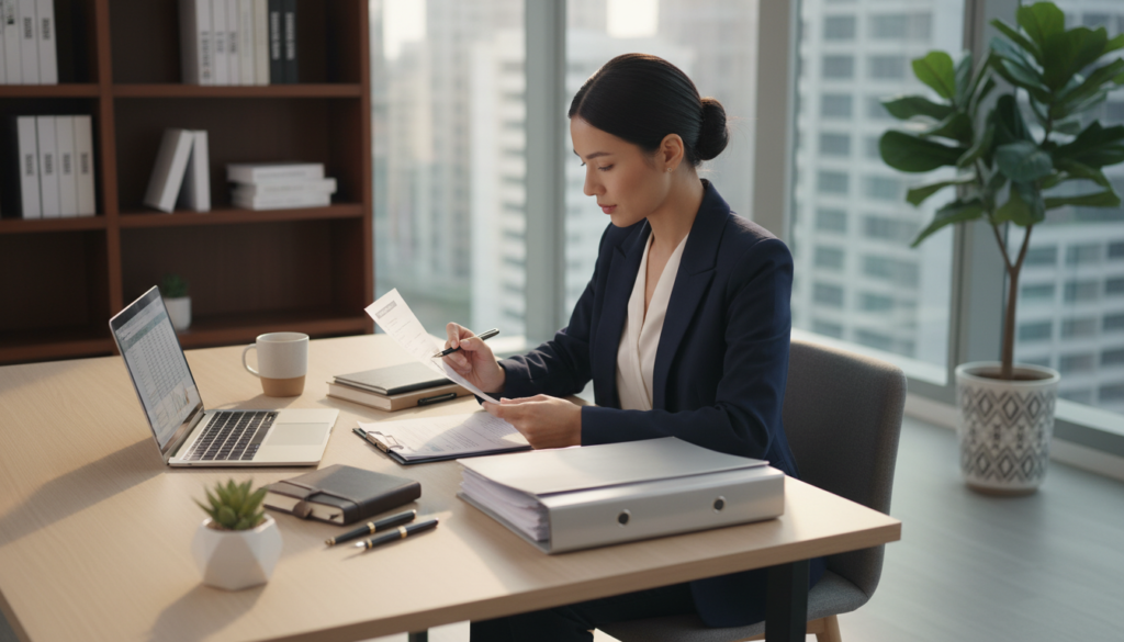 A stylish office desk scene focusing on a professional woman in a smart business outfit, reviewing a checklist for company registration documents. The foreground features an organized desk with neatly arranged documents, a laptop, and a printed checklist with bullet points visible but no text. In the middle ground, a modern office interior with large windows letting in natural light, casting soft shadows. The background shows a sleek bookshelf with business-related books and a potted plant for a touch of greenery. The lighting is warm and inviting, creating a productive atmosphere. The angle is slightly above eye level, giving a dynamic view of the desk while capturing the essence of corporate professionalism and attention to detail in the process of incorporation. A stylish office desk scene focusing on a professional woman in a smart business outfit, reviewing a checklist for company registration documents. The foreground features an organized desk with neatly arranged documents, a laptop, and a printed checklist with bullet points visible but no text. In the middle ground, a modern office interior with large windows letting in natural light, casting soft shadows. The background shows a sleek bookshelf with business-related books and a potted plant for a touch of greenery. The lighting is warm and inviting, creating a productive atmosphere. The angle is slightly above eye level, giving a dynamic view of the desk while capturing the essence of corporate professionalism and attention to detail in the process of incorporation.
