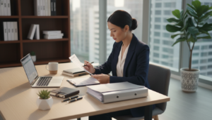A stylish office desk scene focusing on a professional woman in a smart business outfit, reviewing a checklist for company registration documents. The foreground features an organized desk with neatly arranged documents, a laptop, and a printed checklist with bullet points visible but no text. In the middle ground, a modern office interior with large windows letting in natural light, casting soft shadows. The background shows a sleek bookshelf with business-related books and a potted plant for a touch of greenery. The lighting is warm and inviting, creating a productive atmosphere. The angle is slightly above eye level, giving a dynamic view of the desk while capturing the essence of corporate professionalism and attention to detail in the process of incorporation.