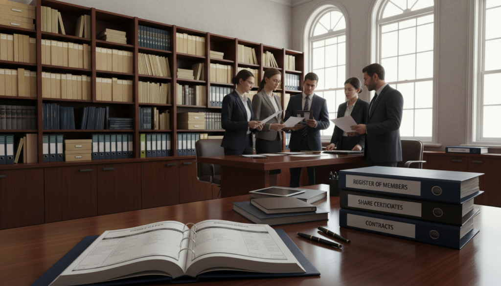 A well-organized corporate office setting showcasing statutory registers and compliance documents. In the foreground, an open statutory register lies on a polished wooden desk, surrounded by a professional business environment. The middle ground features a diverse group of professionals in smart business attire, engaged in a focused discussion, with one person gesturing towards a document. In the background, tall filing cabinets filled with neatly organized files and legal books add depth to the scene. The lighting is bright yet soft, suggesting a productive atmosphere, with natural light filtering through large windows. The overall mood conveys professionalism, responsibility, and attention to detail in corporate duties. Photorealistic representation, angle slightly above eye level to capture the arrangement of workspace and people cohesively. A well-organized corporate office setting showcasing statutory registers and compliance documents. In the foreground, an open statutory register lies on a polished wooden desk, surrounded by a professional business environment. The middle ground features a diverse group of professionals in smart business attire, engaged in a focused discussion, with one person gesturing towards a document. In the background, tall filing cabinets filled with neatly organized files and legal books add depth to the scene. The lighting is bright yet soft, suggesting a productive atmosphere, with natural light filtering through large windows. The overall mood conveys professionalism, responsibility, and attention to detail in corporate duties. Photorealistic representation, angle slightly above eye level to capture the arrangement of workspace and people cohesively.