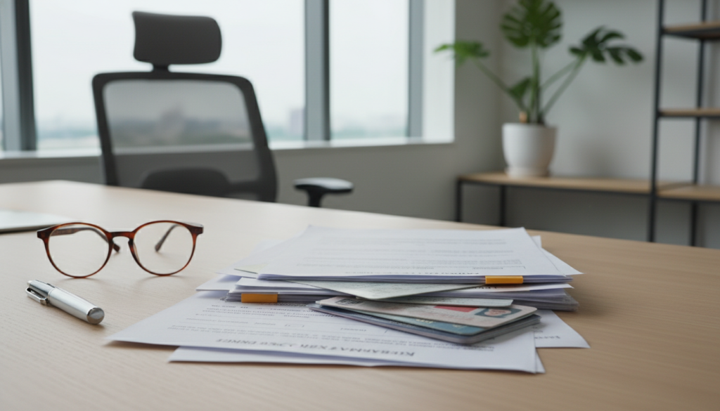 A well-organized desk scene featuring a variety of necessary documents related to business account management in Singapore. In the foreground, display a neatly arranged stack of essential paperwork including financial statements, account opening forms, and identification documents, all in a professional style. In the middle, include a pair of glasses and a sleek modern pen resting beside the documents, suggesting readiness for review. The background should have a blurred view of a contemporary office with soft natural light streaming in from a window, creating a bright and inviting atmosphere. The mood is focused and productive, evoking a sense of professionalism. The composition is sharp and highly detailed, reminiscent of a high-quality photograph.