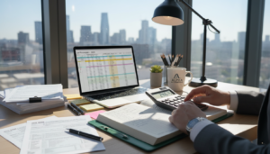 A well-organized desk setting in a bright, modern office, featuring a variety of accounting records and documents neatly arranged, such as ledgers, tax forms, and balance sheets. In the foreground, a pair of hands, dressed in professional attire, holds a calculator while an open ledger displays detailed financial entries. In the middle, an assortment of stationery, like pens and sticky notes, surrounds a laptop that displays a spreadsheet application. The background includes a large window allowing natural light to filter through, illuminating the space and creating a sense of openness. Soft shadows cast by the desk lamp enhance the ambiance, evoking a professional yet inviting mood suitable for tax compliance and record-keeping.