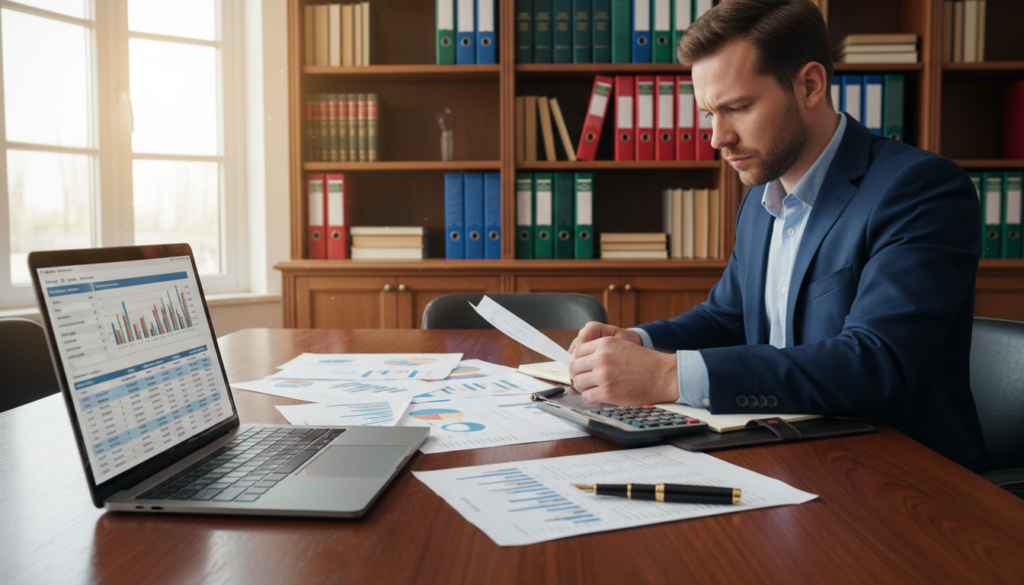 A well-organized office environment featuring financial statements laid out on a polished wooden table. In the foreground, multiple XBRL documents and analytical charts displayed on a laptop screen, alongside a stylish calculator and a fountain pen. In the middle, a focused business professional in business attire is reviewing the financial papers, with a notepad and highlighter beside them. The background showcases shelves filled with binders and financial books, with soft, natural light pouring in through a large window, creating an inviting and productive atmosphere. The image should be captured from a slightly elevated angle, emphasizing the details of the documents and the professionalism of the setting. The overall mood is focused, meticulous, and conducive to detailed financial analysis.