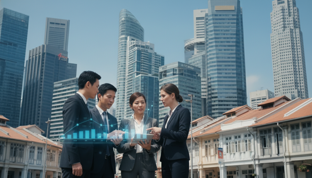 In a bustling urban financial district, a diverse group of professionals in business attire navigates the scene, symbolizing financial institutions and businesses in Singapore. The foreground features a mixed-gender team engaged in a discussion, with one person pointing towards a digital tablet, showcasing financial data. In the middle ground, sleek glass skyscrapers and traditional shophouses create a harmonious blend of modernity and heritage, highlighting the city’s rich financial heritage. The background reveals a clear blue sky reflecting off the buildings, illuminating the scene with bright, natural light. The mood is dynamic and professional, capturing the essence of compliance and financial responsibility. The image is photorealistic, emphasizing clarity and detail in the architectural elements and the attire of the professionals.