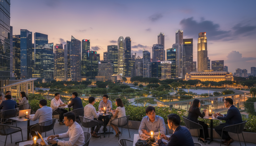 A bustling Singapore business district at dusk, showcasing modern skyscrapers with sleek glass facades reflecting the vibrant city lights. In the foreground, stylish outdoor cafes with professionals in business attire engaged in conversations, typing on laptops, and enjoying leisure time. The middle ground features a dynamic blend of greenery and urban architecture, including iconic landmarks like Marina Bay Sands and the towering One Raffles Place. In the background, a clear sky transitioning from sunset to twilight with visually striking clouds. The scene is illuminated by warm, inviting lights, creating a professional yet relaxed atmosphere, perfect for depicting prime business locations. Focused composition captured with a wide-angle lens to encompass both the lively environment and architectural beauty of Singapore.