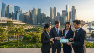 A bustling business district in Singapore, showcasing modern skyscrapers with sleek glass facades under a clear blue sky. In the foreground, a diverse group of professionals in smart business attire is engaged in a discussion, pointing towards a digital map displayed on a tablet. The middle ground features a well-maintained park with tropical plants and trees, offering a contrast to the urban environment, while the background highlights iconic landmarks like the Marina Bay Sands and the Merlion statue, emphasizing Singapore’s vibrant skyline. Soft sunlight bathes the scene, creating a warm and inviting atmosphere, with a wide-angle perspective that captures the energy of the location.