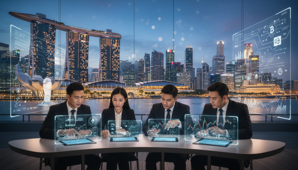 A bustling cityscape of Singapore illuminated at dusk, featuring iconic skyscrapers like Marina Bay Sands and the Merlion statue, symbolizing financial innovation. In the foreground, a diverse group of professionals in business attire engage in a collaborative meeting over digital tablets displaying cryptocurrency graphs. The middle ground includes futuristic digital displays showcasing blockchain technology and fintech elements, such as virtual currencies and smart contracts. The background captures a skyline glowing with neon lights and a clear blue sky transitioning to twilight. Soft ambient lighting enhances the futuristic atmosphere, conveying a sense of growth and opportunity in the crypto landscape. The image should have a sharp focus with a slight depth of field effect, creating an immersive feel of Singapore as a vibrant hub for cryptocurrency ventures.