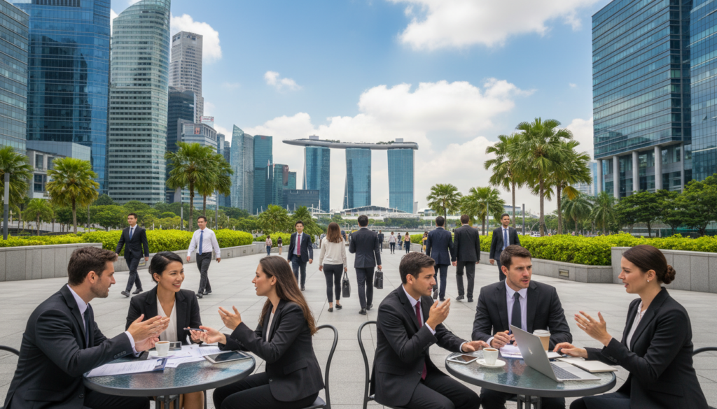 A bustling international business district in Singapore, showcasing a diverse range of foreign entrepreneurs engaging in discussions and networking. In the foreground, a group of professionals in smart business attire, including men and women of various ethnic backgrounds, are animatedly exchanging ideas over laptops and documents. The middle ground features modern skyscrapers with reflective glass facades, symbolizing economic prosperity. Green spaces and palm trees add a touch of nature amidst the urban setting. In the background, the iconic Marina Bay Sands looms under a bright blue sky with soft, fluffy clouds, highlighting Singapore as a global business hub. The lighting is bright and vibrant, creating an energetic atmosphere, with a wide-angle perspective capturing the dynamic environment.