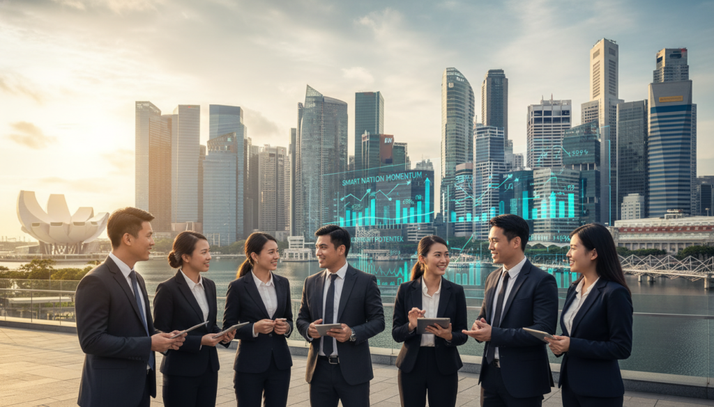 A bustling, modern business district in Singapore, showcasing gleaming skyscrapers representing innovation and technology. In the foreground, a diverse group of professional individuals in business attire, engaged in discussion and collaboration, exemplifying the vibrant startup culture. The middle ground features a digital display of charts and graphs illustrating growth and investment potential, symbolizing 'Smart Nation' momentum. The background includes iconic Singapore landmarks like Marina Bay Sands, under a bright and dynamic sky with soft, golden sunlight casting a warm glow. The overall mood is optimistic and inspiring, suggesting an exciting future for investors in the startup ecosystem. The scene is captured from a slightly elevated angle, creating depth while highlighting the energy of the location. A bustling, modern business district in Singapore, showcasing gleaming skyscrapers representing innovation and technology. In the foreground, a diverse group of professional individuals in business attire, engaged in discussion and collaboration, exemplifying the vibrant startup culture. The middle ground features a digital display of charts and graphs illustrating growth and investment potential, symbolizing 'Smart Nation' momentum. The background includes iconic Singapore landmarks like Marina Bay Sands, under a bright and dynamic sky with soft, golden sunlight casting a warm glow. The overall mood is optimistic and inspiring, suggesting an exciting future for investors in the startup ecosystem. The scene is captured from a slightly elevated angle, creating depth while highlighting the energy of the location.