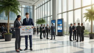 A busy Singaporean office building lobby, filled with professionals in formal business attire conversing and collaborating. In the foreground, two individuals—a Southeast Asian woman in a tailored suit and a Western man in a crisp suit—are examining a document with a map of Singapore highlighting areas of foreign ownership restrictions. The mood is focused yet collaborative, reflecting a blend of cultures. The middle ground features modern decor, with lush greenery and informational displays about business regulations. In the background, large glass windows showcase Singapore's iconic skyline under bright daylight, casting soft shadows on the polished floors. The image should be photorealistic, captured from a slightly elevated angle, creating depth and emphasizing the exchange of ideas in a professional setting.