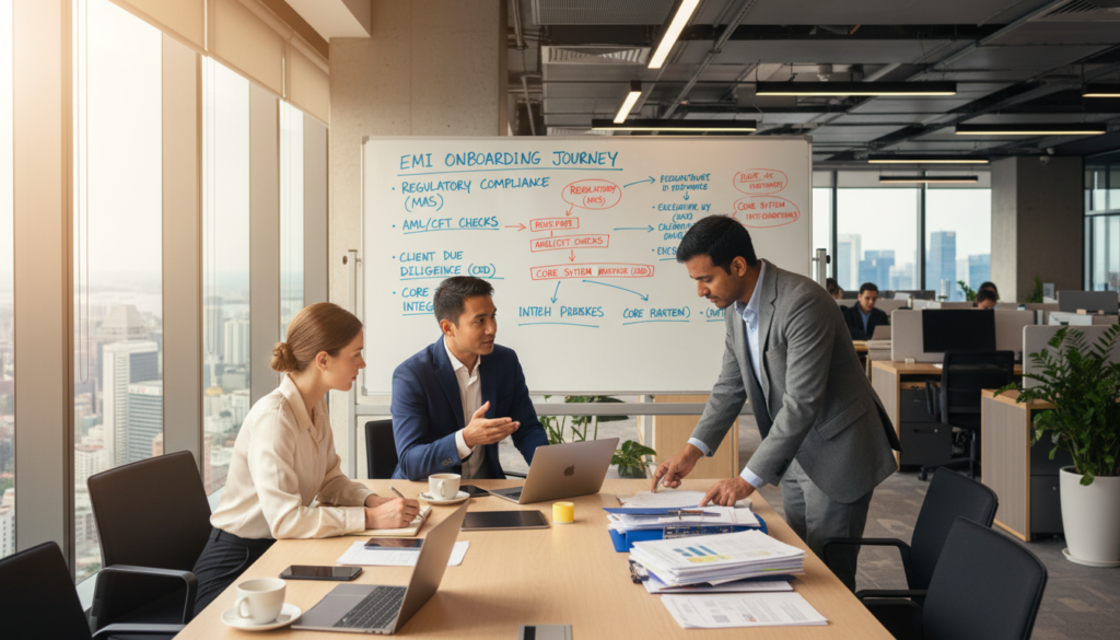 A busy modern office scene illustrating the onboarding requirements for an Electronic Money Institution in Singapore. In the foreground, a diverse group of three professionals—one Southeast Asian male in a tailored suit, a Caucasian female in smart casual attire, and an Indian male in business attire—are engaged in a discussion around a large conference table cluttered with documents, laptops, and electronic devices. In the middle ground, a whiteboard is filled with key points and flowcharts detailing the onboarding process, while large windows bathe the room in natural light, creating a vibrant and welcoming atmosphere. The background features sleek office furniture and a view of Singapore's skyline, blending sophistication with a sense of progress. The image should evoke a mood of professionalism and collaboration, showcasing the essentials needed to open and run a business account.