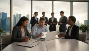 A busy office scene depicting a diverse group of professionals engaged in a discussion about business regulations. In the foreground, a South Asian woman in formal attire reviews documents on a table, while a Caucasian man points at a chart on a laptop. In the middle, a Black woman takes notes, looking thoughtfully at the group. In the background, large glass windows show a modern Singapore skyline, bathed in soft daylight. The atmosphere conveys a sense of urgency and focus, emphasizing compliance and regulatory discussions. The lighting is bright yet warm, creating an inviting business environment. The scene is captured at eye-level, with a wide-angle perspective to include all participants without crowding. No text or branding elements are present.