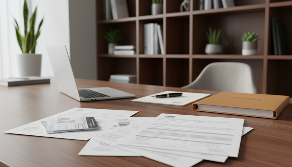 A clean and organized workspace filled with essential documents for setting up a holding company bank account in Singapore. In the foreground, a stack of neatly arranged paperwork, including financial statements, incorporation certificates, and identification documents, all in crisp, clear view. In the middle ground, a polished wooden desk with a stylish laptop, an elegant pen, and a folder labeled ‘Important Documents'. The background features soft-focus office shelves with books and potted plants, enhancing a professional atmosphere. The lighting is bright and natural, suggesting a productive morning, with reflections on the desk adding depth. The overall mood conveys competence, focus, and readiness for a smooth bank account application process. Photorealistic detail, captured at eye level from a slight angle to emphasize the documents.