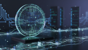 A close-up view of a digital payment token illuminated by soft, futuristic lighting. The token features intricate designs with cryptographic symbols, glowing in vibrant shades of blue and green, suggesting advanced technology. In the foreground, the digital token is prominently displayed on a sleek, reflective surface, capturing its detailed textures and holographic elements. The middle ground features abstract representations of financial data streams, like blurred lines and glowing graphs, symbolizing the dynamic nature of crypto transactions. The background is a minimalist, high-tech environment, with hints of digital networks and interconnected circuits softly glowing, enhancing the technological atmosphere. The overall mood is innovative and forward-thinking, evoking a sense of trust and professionalism in digital finance.