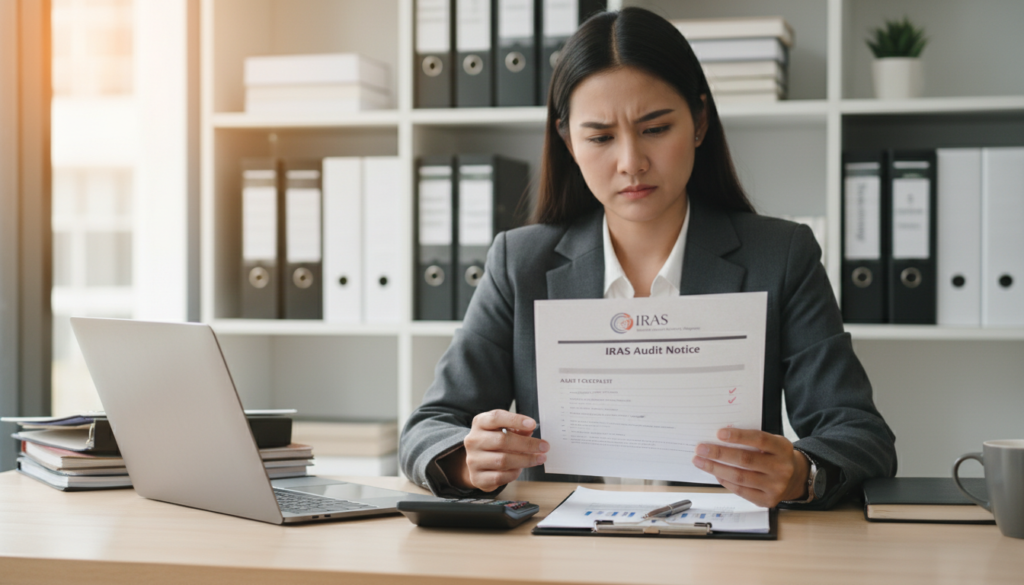 A close-up view of a professional businesswoman in smart attire, sitting at a modern desk, intently reading an official IRAS audit notice document. The foreground features the document clearly visible, with key details like the IRAS logo and an audit checklist highlighted. In the middle ground, there are neatly organized office supplies such as a laptop, a calculator, and a cup of coffee, symbolizing effective planning. The background reveals a clean, well-lit office environment with shelves filled with binders and financial books, conveying an atmosphere of diligence and organization. Soft, natural lighting enhances the scene, creating a mood of focus and readiness, captured with a slightly shallow depth of field to emphasize the subject’s determination. A close-up view of a professional businesswoman in smart attire, sitting at a modern desk, intently reading an official IRAS audit notice document. The foreground features the document clearly visible, with key details like the IRAS logo and an audit checklist highlighted. In the middle ground, there are neatly organized office supplies such as a laptop, a calculator, and a cup of coffee, symbolizing effective planning. The background reveals a clean, well-lit office environment with shelves filled with binders and financial books, conveying an atmosphere of diligence and organization. Soft, natural lighting enhances the scene, creating a mood of focus and readiness, captured with a slightly shallow depth of field to emphasize the subject’s determination.