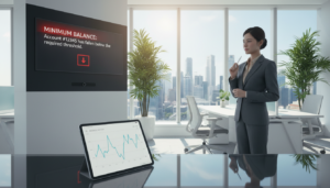 A crystal-clear, photorealistic image depicting a modern bank office environment in Singapore, focusing on a digital display showing a "Minimum Balance" alert. In the foreground, a sleek, high-tech tablet rests on a polished glass desk, displaying a graph of fluctuating balances, with a minimalistic design aesthetic. To the right, a professional businesswoman in a tailored suit examines the tablet, her expression focused and contemplative. The middle ground features modern office furniture and greenery, symbolizing growth and prosperity. In the background, large windows reveal a panoramic view of Singapore's skyline under bright midday lighting, casting gentle shadows across the room, creating an atmosphere of professionalism and efficiency that underlines smooth cash flow and fast transactions.