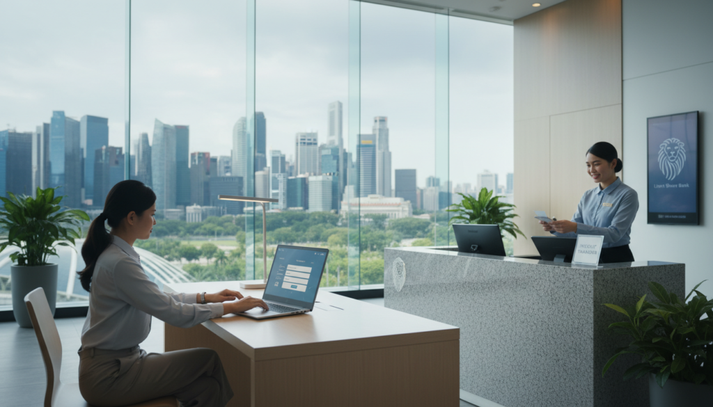 A detailed and photorealistic depiction of a modern bank transfer process in Singapore. In the foreground, a professional-looking woman in business attire is seated at a sleek desk, focused on her laptop screen displaying a digital banking interface. The middle ground features a cashier's counter with a friendly bank employee assisting a customer, both engaged in a transaction. In the background, large windows show the iconic Singapore skyline, with tall buildings and greenery. Soft, natural light floods the scene, creating a warm and inviting atmosphere. The overall mood is professional and efficient, reflecting the modern financial landscape of Singapore.