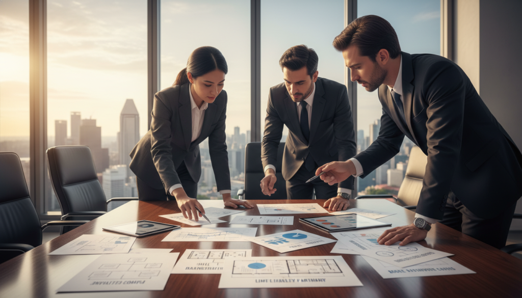 A detailed illustration of various business entity structures, showcasing a professional setting. Foreground: a sleek conference table featuring diverse documents and blueprints detailing different entity types (e.g., private limited, branch office). Middle: a group of four professionals in business attire—two men and two women—engaged in a discussion, pointing at the documents. Background: a modern office with large windows revealing a cityscape of Singapore, bathed in warm, natural daylight. The lighting is soft yet bright, emphasizing the seriousness of the meeting. The perspective is slightly elevated, providing a dynamic view of the participants and their interaction with the subject matter. The overall mood is focused and professional, reflecting the importance of careful entity structure choice in business licensing.