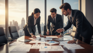 A detailed illustration of various business entity structures, showcasing a professional setting. Foreground: a sleek conference table featuring diverse documents and blueprints detailing different entity types (e.g., private limited, branch office). Middle: a group of four professionals in business attire—two men and two women—engaged in a discussion, pointing at the documents. Background: a modern office with large windows revealing a cityscape of Singapore, bathed in warm, natural daylight. The lighting is soft yet bright, emphasizing the seriousness of the meeting. The perspective is slightly elevated, providing a dynamic view of the participants and their interaction with the subject matter. The overall mood is focused and professional, reflecting the importance of careful entity structure choice in business licensing.