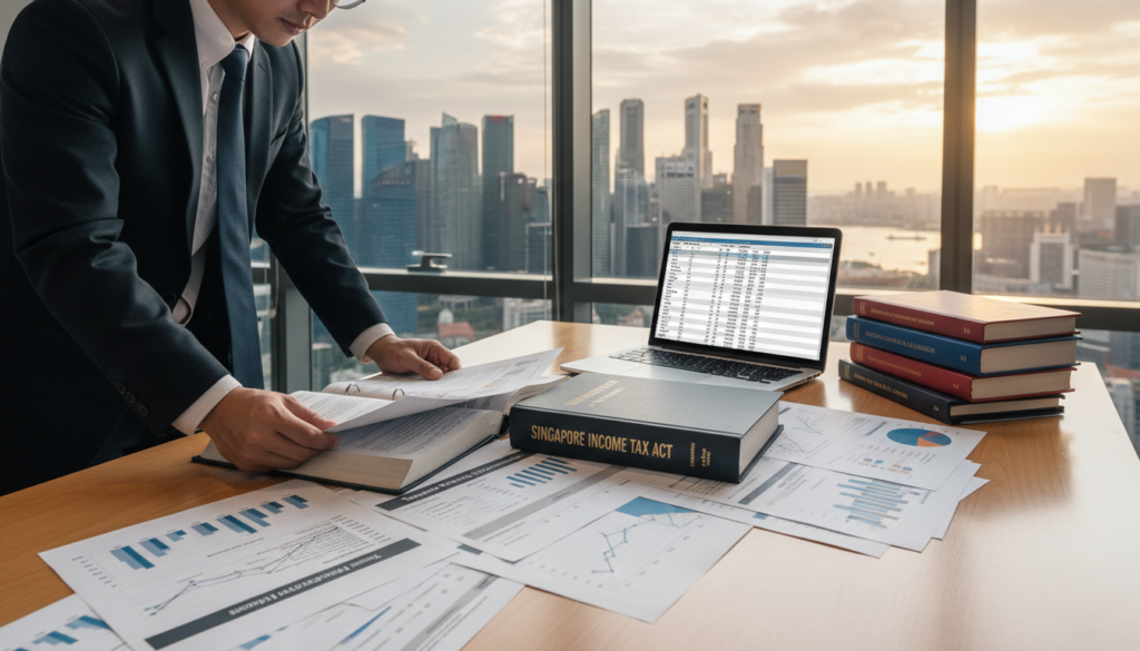 A detailed office workspace featuring a neatly organized desk with transfer pricing documentation spread out, including charts, graphs, and legal texts, emphasizing Singapore's Income Tax Act. In the foreground, a professional businessperson in formal attire is examining a document intently. The middle of the scene showcases a laptop with financial software open, while regulatory books sit to one side. The background consists of glass windows revealing a city skyline, symbolizing Singapore's economic environment. Soft, diffused lighting creates an inviting yet serious atmosphere, capturing the essence of a corporate setting with focus and clarity. The overall mood conveys professionalism and diligence in financial compliance work.