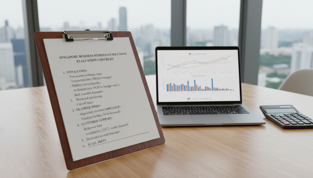 A detailed payments checklist for evaluating Singapore business remittance solutions, presented as a neatly organized clipboard on a polished wooden desk. In the foreground, the checklist features several bullet points related to fees, speed, security, and customer support, written in an elegant font. The middle ground includes a modern laptop displaying financial graphs, alongside a sleek calculator. The background shows a softly blurred view of a contemporary office environment with large windows, allowing natural light to illuminate the scene, creating a bright and professional atmosphere. The image is photorealistic, captured from a top-down angle to emphasize the checklist's importance, conveying a sense of diligence and professionalism.