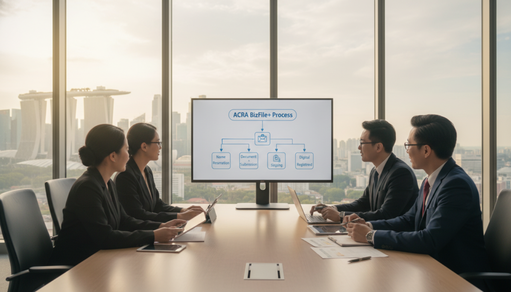A detailed, photorealistic depiction of a modern office setting representing the end-to-end company incorporation process. In the foreground, a diverse group of four professionals in business attire, including two women and two men, are engaged in a discussion around a sleek conference table covered in documents and digital devices. The middle ground features a large digital screen displaying a simplified flowchart of the ACRA BizFile+ process. In the background, floor-to-ceiling windows reveal a panoramic view of Singapore's skyline, bathed in warm, natural light. The atmosphere is collaborative and focused, emphasizing professionalism and a seamless incorporation experience without the need for physical presence. The camera angle is slightly elevated, giving a comprehensive view of the workspace dynamics.