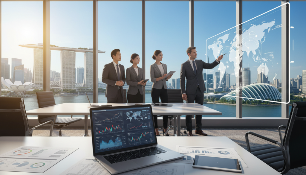 A detailed, photorealistic illustration depicting foreign assets in a business context in Singapore. In the foreground, a sleek, modern office desk adorned with a laptop showing charts and graphs related to international investments. In the middle, a diverse group of professionals in business attire are engaged in a discussion, reviewing documents and pointing to a large screen displaying a map of global assets. In the background, a panoramic view of the Singapore skyline under a clear blue sky, featuring iconic landmarks like Marina Bay Sands and the Merlion. Soft, natural lighting filters through large windows, creating an inviting, productive atmosphere that emphasizes collaboration and analysis of economic substance.