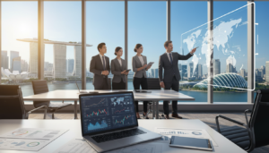 A detailed, photorealistic illustration depicting foreign assets in a business context in Singapore. In the foreground, a sleek, modern office desk adorned with a laptop showing charts and graphs related to international investments. In the middle, a diverse group of professionals in business attire are engaged in a discussion, reviewing documents and pointing to a large screen displaying a map of global assets. In the background, a panoramic view of the Singapore skyline under a clear blue sky, featuring iconic landmarks like Marina Bay Sands and the Merlion. Soft, natural lighting filters through large windows, creating an inviting, productive atmosphere that emphasizes collaboration and analysis of economic substance.