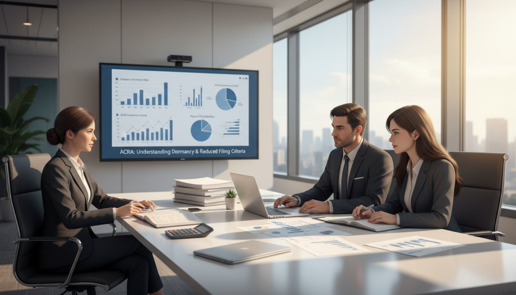 A detailed, photorealistic illustration of ACRA accounting transactions, focusing on a business office setting. In the foreground, a diverse group of three professionals – a man and two women in formal business attire – are gathered around a sleek, modern conference table covered with financial documents, a laptop, and calculators. In the middle, a large screen displays graphs and statistics related to company dormancy and financial compliance. The background features a contemporary office with large windows allowing natural light to illuminate the space, casting soft shadows. The atmosphere is serious yet collaborative, conveying a sense of focus and professionalism. The perspective is slightly elevated, capturing the interaction between the individuals and their analytical work, highlighting the importance of understanding ACRA criteria for dormancy and reduced filing.