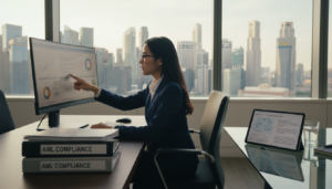 A detailed, photorealistic image of a modern office workspace, featuring a professional Asian woman in a smart business attire, analyzing compliance documents on a sleek monitor. In the foreground, there are well-organized files marked with "AML Compliance" labels. The middle ground showcases a stylish conference table with a digital tablet displaying regulatory information and a glass of water. In the background, a large window reveals the iconic skyline of Singapore, with skyscrapers reflecting soft afternoon sunlight. The atmosphere is focused and serious, emphasizing the importance of compliance in the corporate sector. Lighting is bright and natural, creating a productive ambiance, captured from a slightly elevated angle for depth.