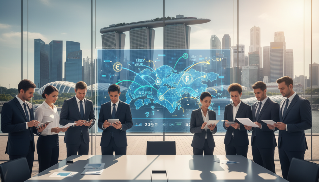 A dynamic, photorealistic scene depicting cross-border payments in an urban Singapore setting. In the foreground, a diverse group of professionals in business attire are gathered around a sleek, modern table, examining documents and digital devices displaying financial transactions. The middle ground features a transparent screen showing a digital map of Singapore with arrows indicating international payment flows and currency exchange. In the background, iconic Singaporean skyscrapers and landmarks such as Marina Bay Sands provide context, under a bright, optimistic sky. The lighting is natural and warm, casting soft shadows to evoke a professional yet approachable atmosphere. The overall mood conveys collaboration and innovation in the realm of finance.