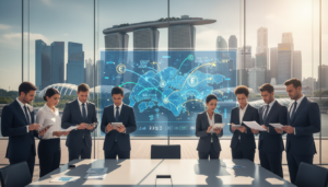 A dynamic, photorealistic scene depicting cross-border payments in an urban Singapore setting. In the foreground, a diverse group of professionals in business attire are gathered around a sleek, modern table, examining documents and digital devices displaying financial transactions. The middle ground features a transparent screen showing a digital map of Singapore with arrows indicating international payment flows and currency exchange. In the background, iconic Singaporean skyscrapers and landmarks such as Marina Bay Sands provide context, under a bright, optimistic sky. The lighting is natural and warm, casting soft shadows to evoke a professional yet approachable atmosphere. The overall mood conveys collaboration and innovation in the realm of finance.