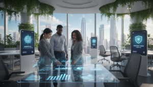 A futuristic office environment showcasing insurance protection technology. In the foreground, a diverse team of three professionals in smart business attire, including a woman of Asian descent, a Black man, and a Middle-Eastern woman, are collaboratively analyzing data on a large touchscreen interface displaying insurance metrics and graphs. The middle ground features sleek, modern furniture and digital displays showcasing insurance technology innovations, such as AI chatbots and mobile apps. The background is filled with plants and expansive windows overlooking a city skyline, bathed in natural light creating an inviting atmosphere. The image should be sharply in focus, with a slight depth of field to emphasize the teamwork and technology, conveying a sense of efficiency and progress in the insurance domain.