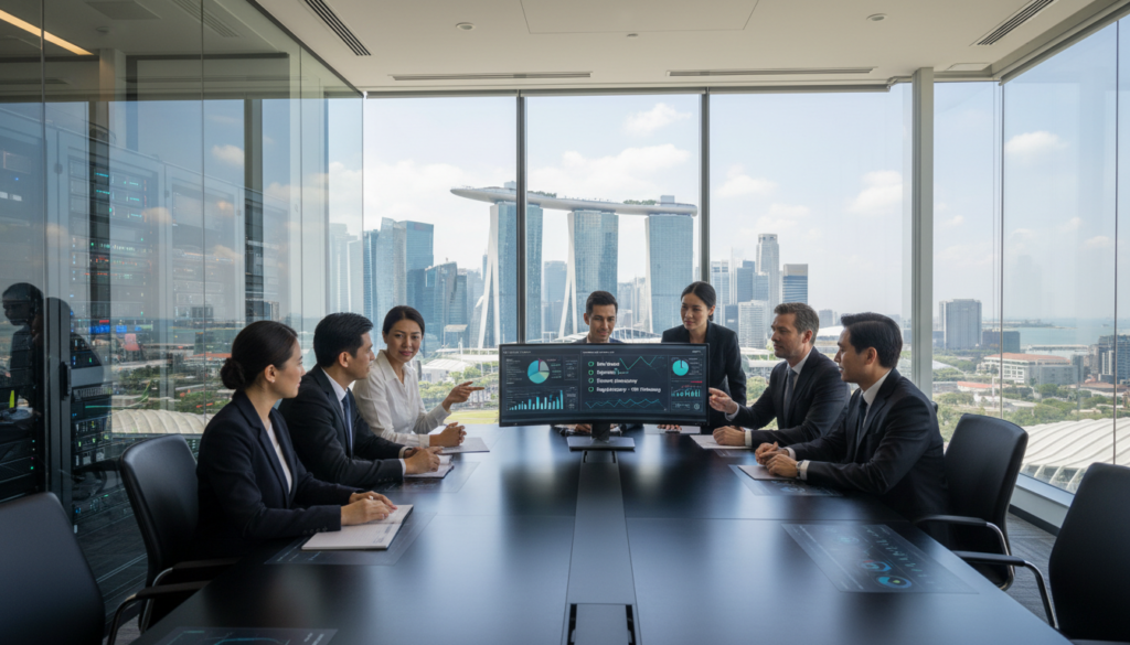 A modern Singaporean office environment, showcasing a team of diverse professionals dressed in smart business attire, gathered around a sleek conference table. In the foreground, a high-tech computer screen displays graphs and compliance checklists, symbolizing adherence to disaster recovery regulations. The middle ground features a large window with a view of the iconic Singapore skyline, bathed in natural light, illuminating the room with a bright, optimistic ambiance. In the background, a well-organized server room with blinking indicators represents the technical robustness of remote operations. The mood is collaborative yet focused, highlighting the importance of compliance in disaster recovery processes. The image is photorealistic, captured with a slightly wide-angle lens to convey depth and professionalism.