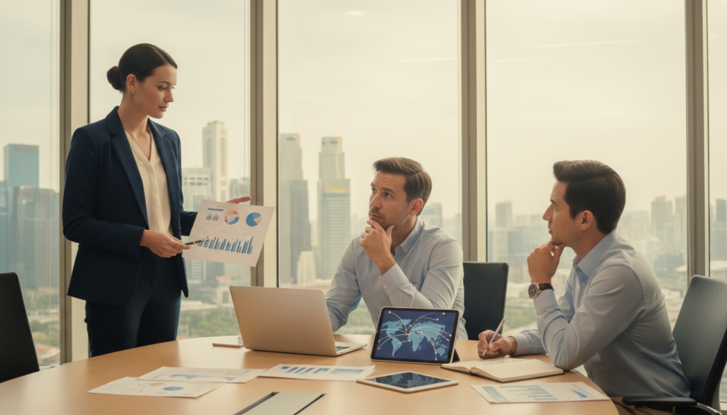 A modern Singaporean office setting showcasing a diverse group of professionals engaged in a discussion about international money transfers. In the foreground, a confident woman in business attire is presenting financial charts on a laptop, conveying a sense of focus and expertise. Beside her, a thoughtfully engaged man dressed in smart casual attire listens intently. The middle layer features a sleek, stylish conference table adorned with documents and a digital tablet displaying a world map with arrows indicating money flow to various countries. The background shows a panoramic view of the Singapore skyline through large glass windows, allowing natural light to illuminate the scene. The atmosphere is professional yet relaxed, promoting collaboration and strategic thinking in financial transactions. Photorealistic style with balanced lighting and a slightly warm color palette to enhance approachability.