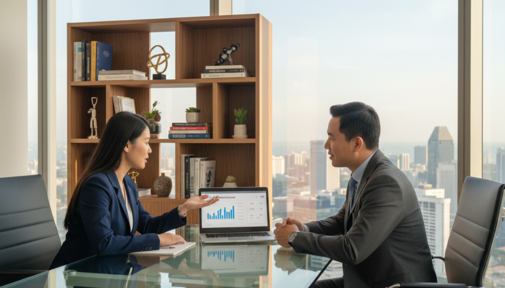A modern corporate office interior designed for a fintech company, showcasing a sleek glass desk with a laptop open, displaying a digital bank account interface. In the foreground, a professional foreign founder in business attire is consulting with a local banker in a smart suit, both engaged in discussion. The middle ground features a stylish bookshelf filled with financial literature and decor that reflects contemporary corporate aesthetics. In the background, large windows reveal a cityscape of Singapore with iconic buildings. Soft natural light illuminates the scene, creating a welcoming atmosphere. The composition captures a sense of professionalism and opportunity, emphasizing the theme of financial empowerment. A modern corporate office interior designed for a fintech company, showcasing a sleek glass desk with a laptop open, displaying a digital bank account interface. In the foreground, a professional foreign founder in business attire is consulting with a local banker in a smart suit, both engaged in discussion. The middle ground features a stylish bookshelf filled with financial literature and decor that reflects contemporary corporate aesthetics. In the background, large windows reveal a cityscape of Singapore with iconic buildings. Soft natural light illuminates the scene, creating a welcoming atmosphere. The composition captures a sense of professionalism and opportunity, emphasizing the theme of financial empowerment.