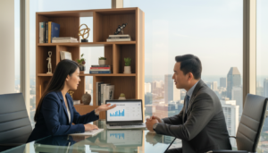 A modern corporate office interior designed for a fintech company, showcasing a sleek glass desk with a laptop open, displaying a digital bank account interface. In the foreground, a professional foreign founder in business attire is consulting with a local banker in a smart suit, both engaged in discussion. The middle ground features a stylish bookshelf filled with financial literature and decor that reflects contemporary corporate aesthetics. In the background, large windows reveal a cityscape of Singapore with iconic buildings. Soft natural light illuminates the scene, creating a welcoming atmosphere. The composition captures a sense of professionalism and opportunity, emphasizing the theme of financial empowerment.
