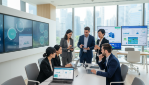 A modern digital banking environment tailored for small and medium enterprises (SMEs) in Singapore. In the foreground, a diverse group of professionals in business attire, including a woman in a smart blazer and a man in a tailored suit, are engaged in a discussion while using laptops and tablets displaying banking applications. The middle ground features sleek, contemporary office furniture and digital screens showcasing banking features. In the background, large windows let in natural light, illuminating a vibrant cityscape of Singapore with futuristic skyscrapers. The scene conveys a sense of innovation and professionalism, with a bright and inviting atmosphere. The composition is shot from a slightly elevated angle, emphasizing the collaborative spirit of ecommerce SMEs relying on fully online banking solutions.