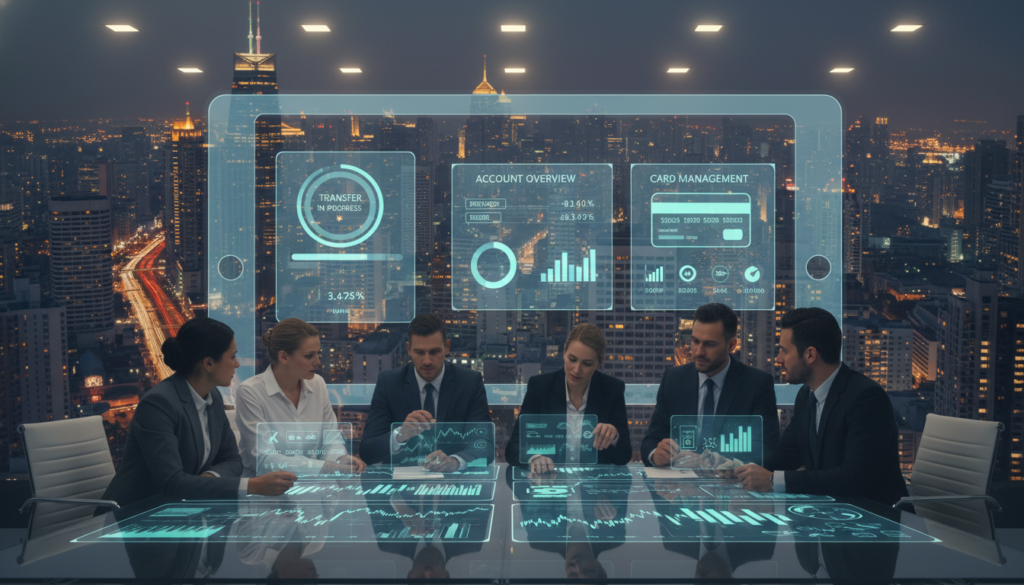 A modern digital business bank setting filled with sleek, high-tech visuals. In the foreground, a diverse group of professionals in smart business attire, engaged in a strategy meeting around a futuristic conference table with digital screens displaying graphs and financial data. In the middle, sophisticated digital interfaces simulating online banking activities, such as fund transfers and account management, showcasing seamless user experience. The background features a panoramic view of a bustling city skyline at dusk, illuminated by glowing lights, symbolizing innovation and connectivity. Bright, yet soft lighting casts a warm atmosphere, reflecting the dynamic world of fintech. The composition captures the synergy between technology and professionalism, emphasizing the theme of modern banking solutions.